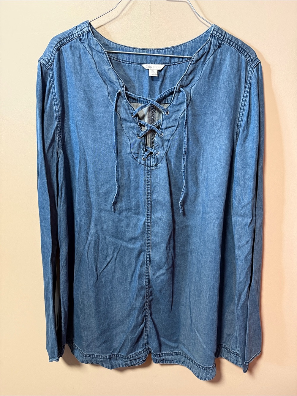 Cato Denim-Style Lace-Up Long Sleeve Top - Blue